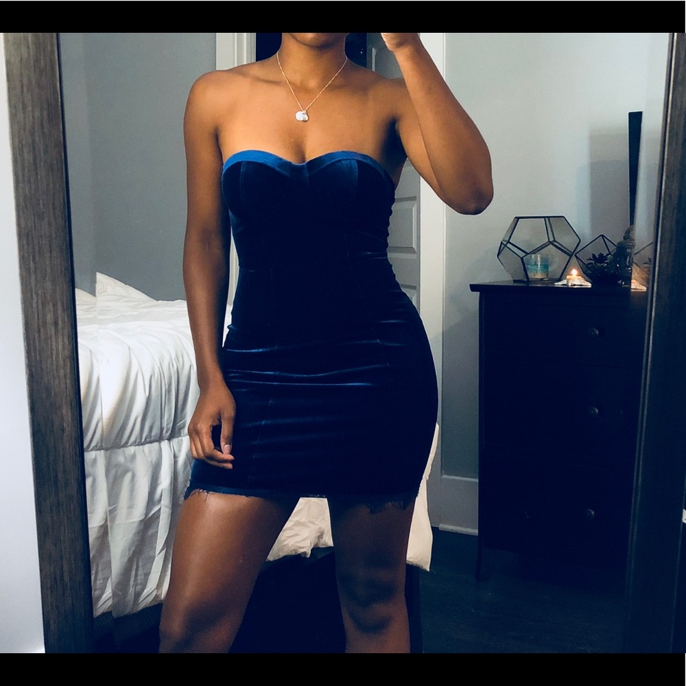 Material Girl blue velvet strapless dress
